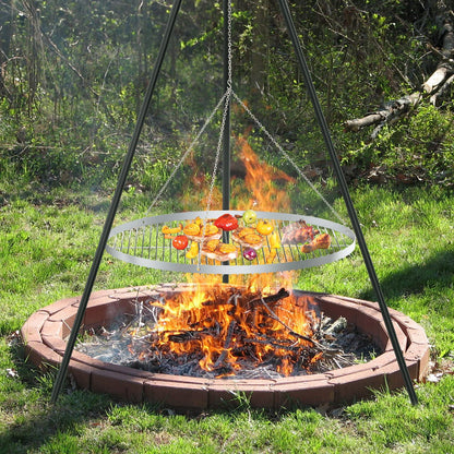 GriHero stainless steel grill grate with a diameter of 70cm for swing grill, grill grid with 3 hanging holes for swing grill grate and fire bowl tripod BBQ grill accessory. Solid 4mm thickness.
