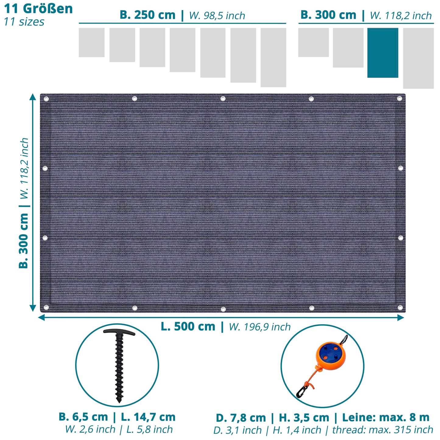 Valuents] Awning Carpet - blue/grey - 300x500cm - Camping Rug Outdoor - Tent Carpet Caravan/Camper including carrying bag + clothesline & 8X T-pegs