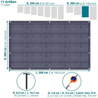 Valuents] Awning Carpet - blue/grey - 300x500cm - Camping Rug Outdoor - Tent Carpet Caravan/Camper including carrying bag + clothesline & 8X T-pegs