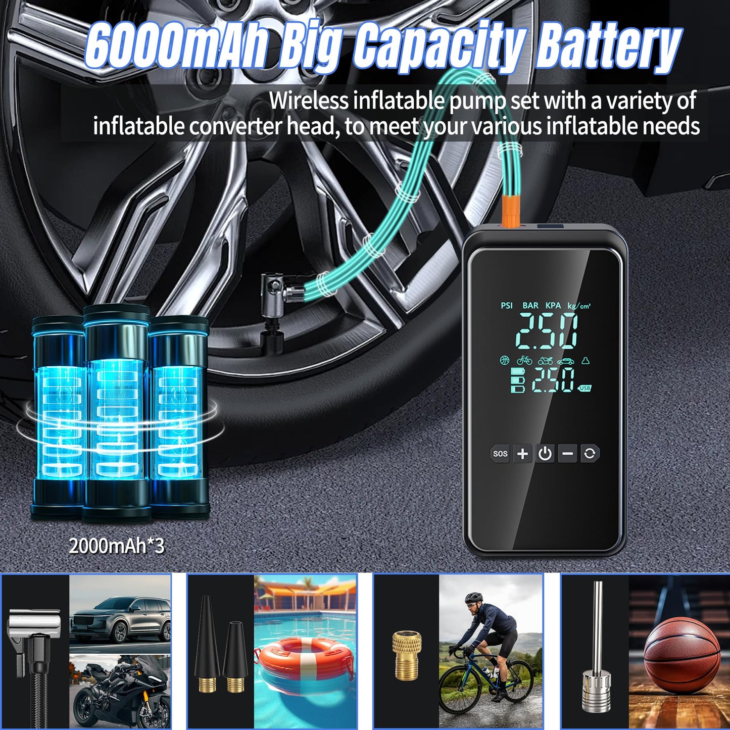 Electric air pump, portable electronic air pump with tire repair kit, 150PSI electric compressor bike pump, electric air pump for cars, bikes, motorcycles & balls.