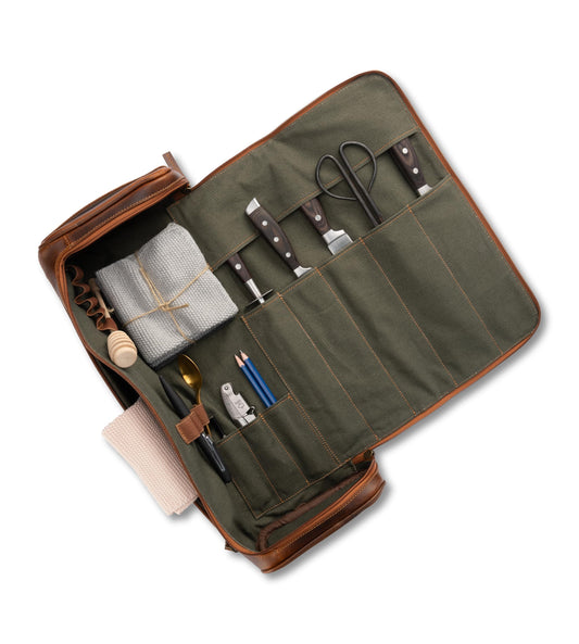 Angus Stoke Premium Leather Knife Bag/Case | Extra large chef bag with many extras and storage space | Chef roll bag made of waxed vintage buffalo leather | Arvid chef bag (Walnut Brown)