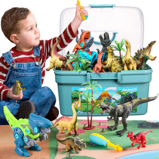 Glow in the dark Dinosaur Toy for ages 3 and up, Dinosaur figures and assembly Dino toys, Kids’ toy, Gift for boys girls, Storage box & play mat