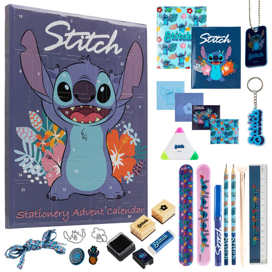 Disney Stitch Advent calendar 2025 for kids and teenagers. Christmas calendar with 24 surprises. Stationery or hair accessories for girls. Great gift idea! (Blue Stitch stationery)