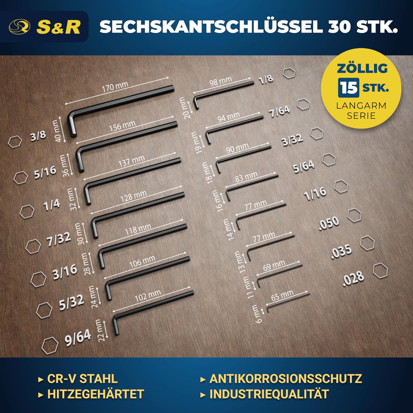 S&R Hex Key Set, 30 pieces, CrV steel, metric 0.7-10 mm & inch 0.028 to 3/8; Hex set precise, durable & robust for bicycle, automotive & furniture assembly, Allen key set.