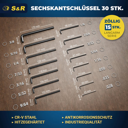 S&R Hex Key Set, 30 pieces, CrV steel, metric 0.7-10 mm & inch 0.028 to 3/8; Hex set precise, durable & robust for bicycle, automotive & furniture assembly, Allen key set.