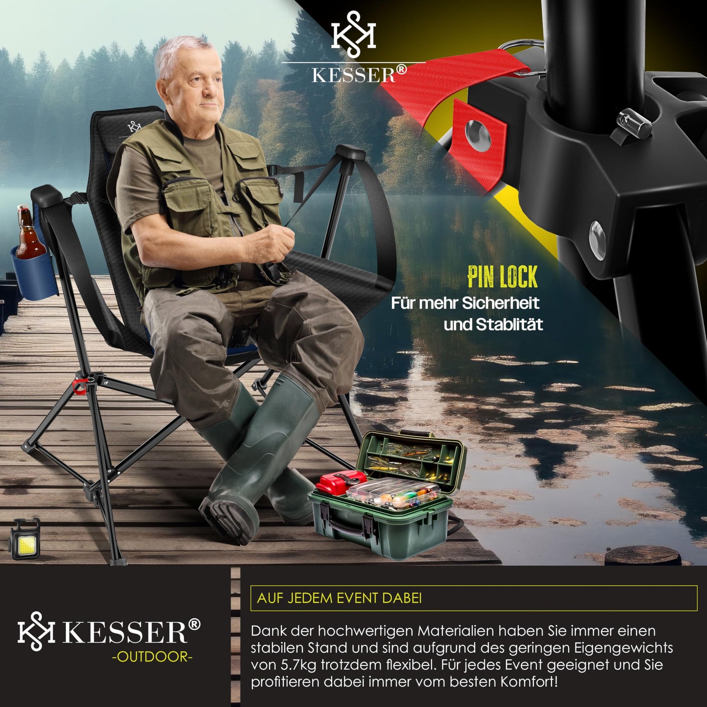 KESSER® Camping chair foldable rocking chair up to 160 kg | Fishing chair folding chair padded | Camping light and drink holder + bag with high backrest | Beach chair with rocking function