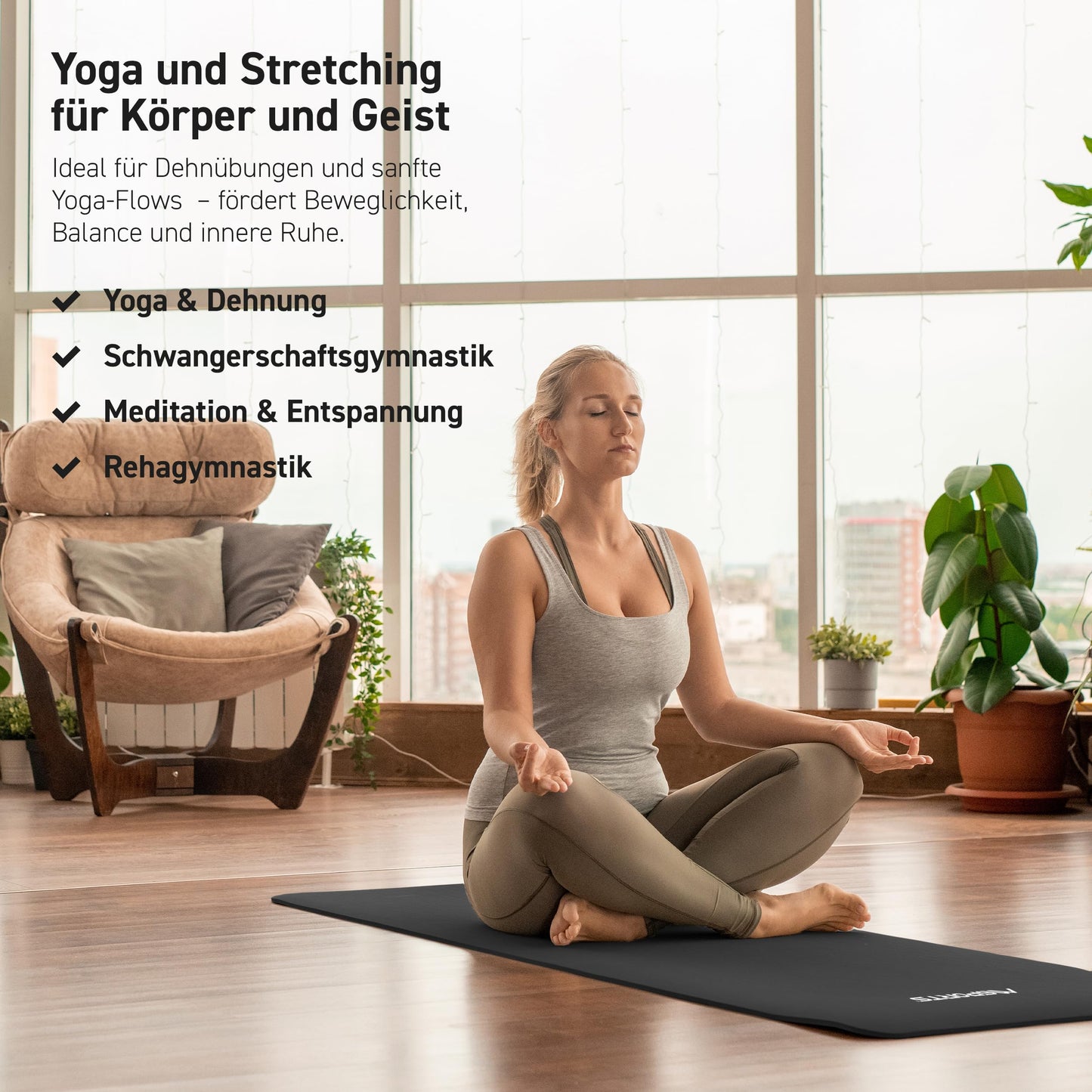 MSPORTS Yoga Mat Premium including carrying strap + exercise poster + workout app | Skin-friendly fitness mat 190 x 100 x 1.5 cm - Black Matte - Phthalate-free yoga mat