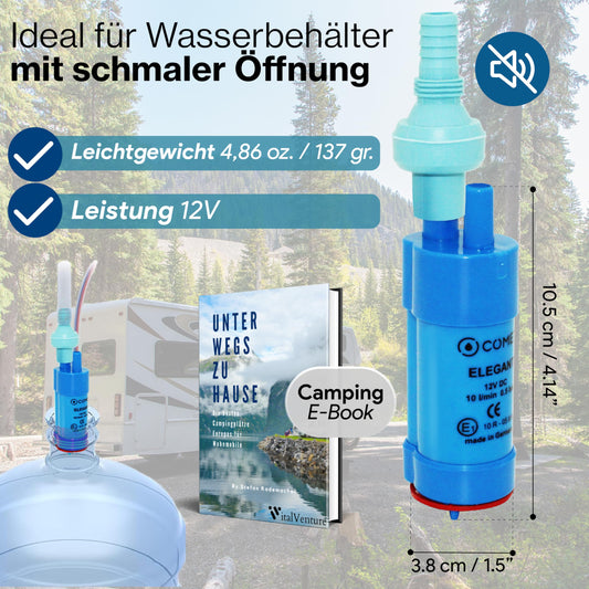 Comet Elegant Water Pump 12V with Check Valve (Fixed) + Filter - Set with Camping Ebook - for Motorhome, Caravan, Submersible Pump