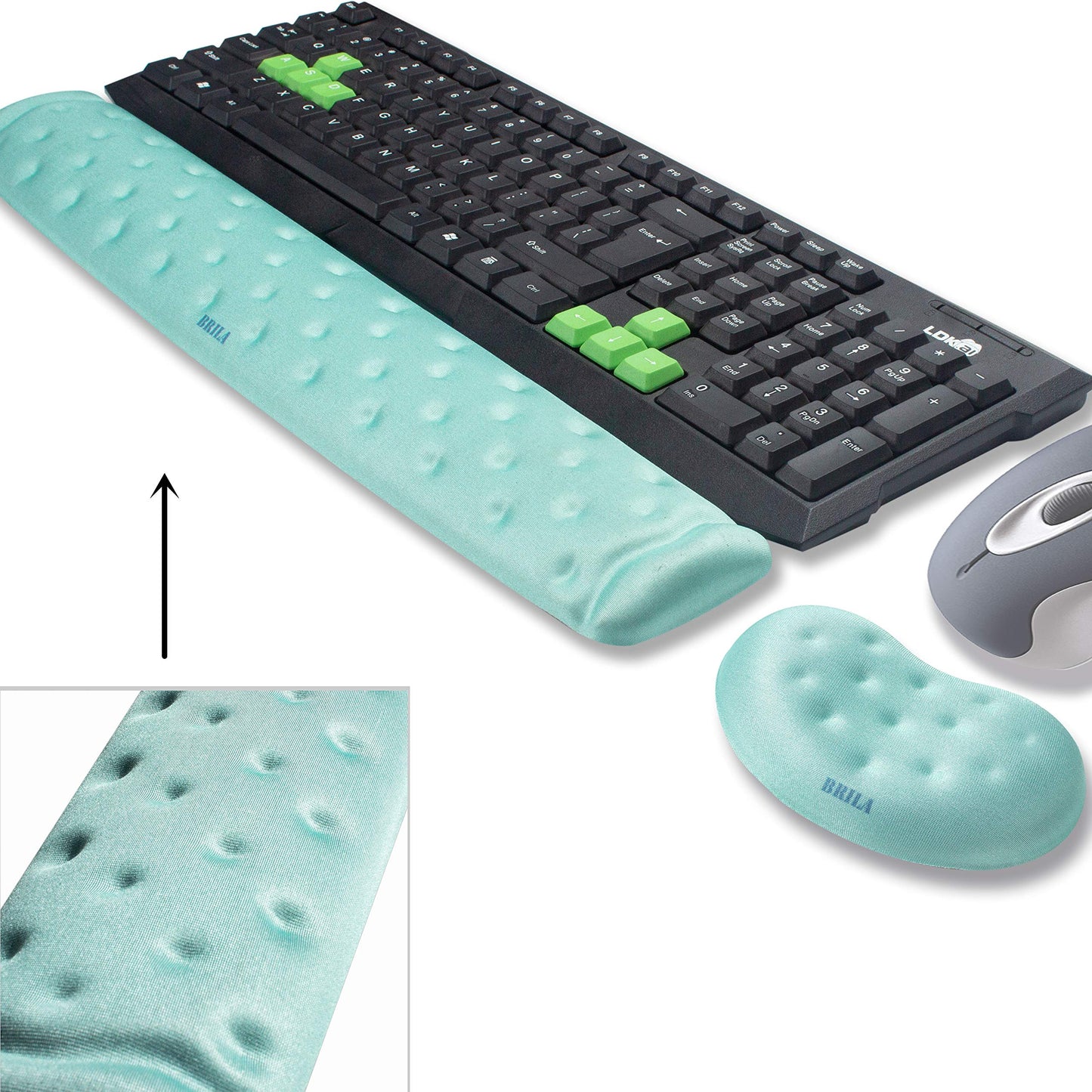 BRILA Wrist Rest – Ergonomic Memory Foam Wrist Support for PC Gaming Computer Laptop Work - Massaging Holes Design Wrist Rest (Aquamarine Bundle)