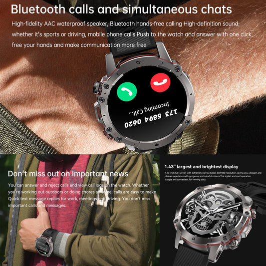 Men's smartwatch with phone function, 1.43 inch HD full touchscreen, 5ATM with 110+ sports modes, fitness tracker, sleep monitor, pedometer, message reminder, heart rate monitor for Android iOS (Silver)