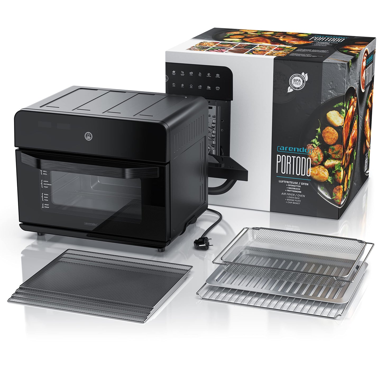 Arendo - Hot air fryer 25 liters stainless steel - Multifunction oven - mini oven - Aerofryer - 1800 watts - Including baking tray, dehydration tray, oven rack, fryer basket - BPA-free