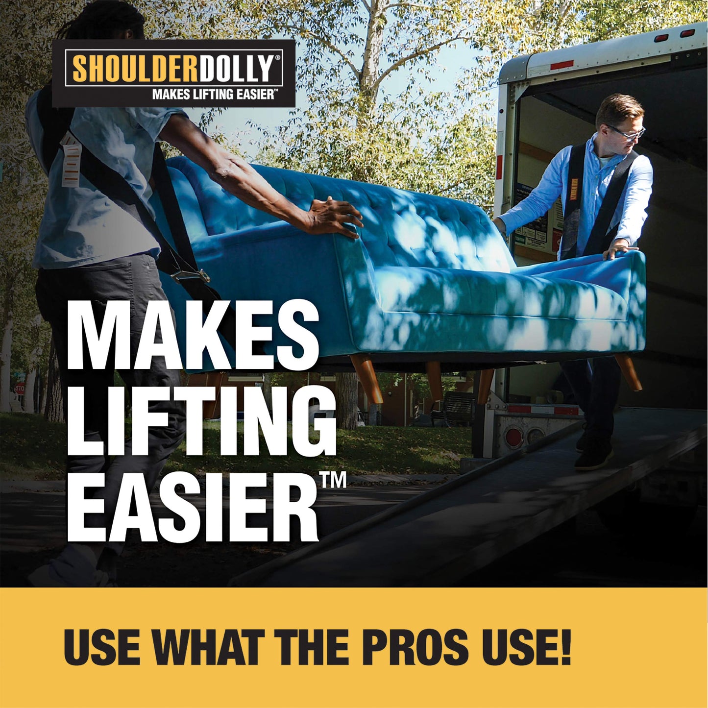Shoulder Dolly 2-person carrying strap, lifting belt for ergonomic and easy lifting of objects up to 370 kg and 3.65 m in length & transparent tape - 10 m x 19 mm - 8 pack.