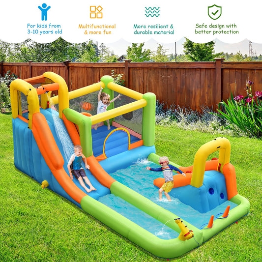 GOPLUS Inflatable Bounce House, Water Slide with 2 Splash Pools, 2 Slides, Climbing Wall, Water Cannon, Basketball Hoop, Toss Game & Target Balls, for 3-10 years, 503 × 290 × 216 cm (Without Blower)