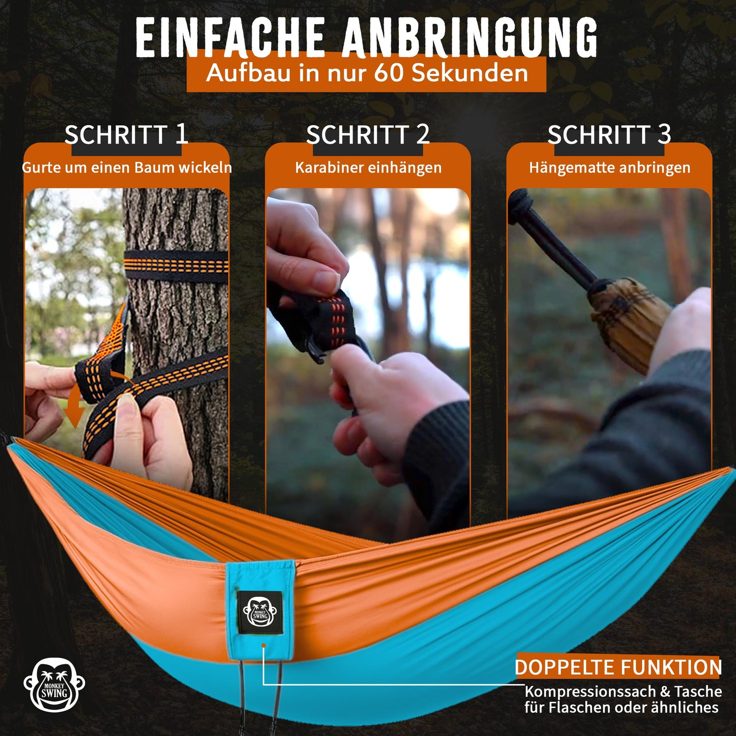 Monkey Swing Hammock Ultralight incl. carabiner & heavy-duty straps (up to 300 kg load capacity, 275 x 140 cm) - perfect for camping, outdoor, trekking & as a travel hammock (turquoise/orange)