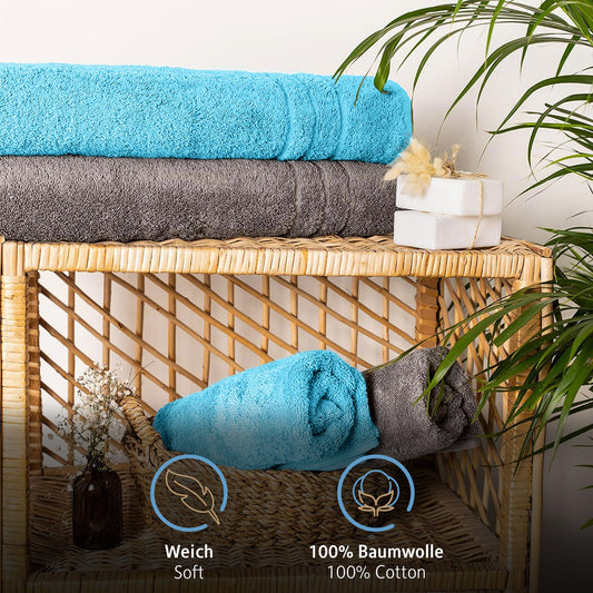 Comfortec 2-piece sauna towel set 70x200 cm made of 100% cotton, XXL sauna towels, soft, large, terry, quick-drying, anthracite gray/turquoise.