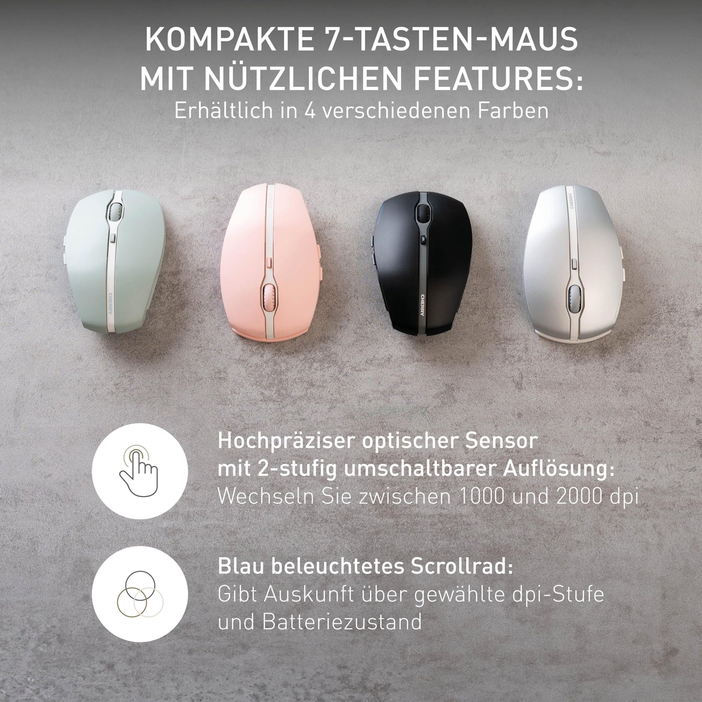 CHERRY GENTIX BT, Wireless Bluetooth mouse, Multi-Device function for up to 3 devices, Switchable resolution (1000/2000 dpi), Battery-powered, Black