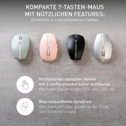 CHERRY GENTIX BT, Wireless Bluetooth mouse, Multi-Device function for up to 3 devices, Switchable resolution (1000/2000 dpi), Battery-powered, Black