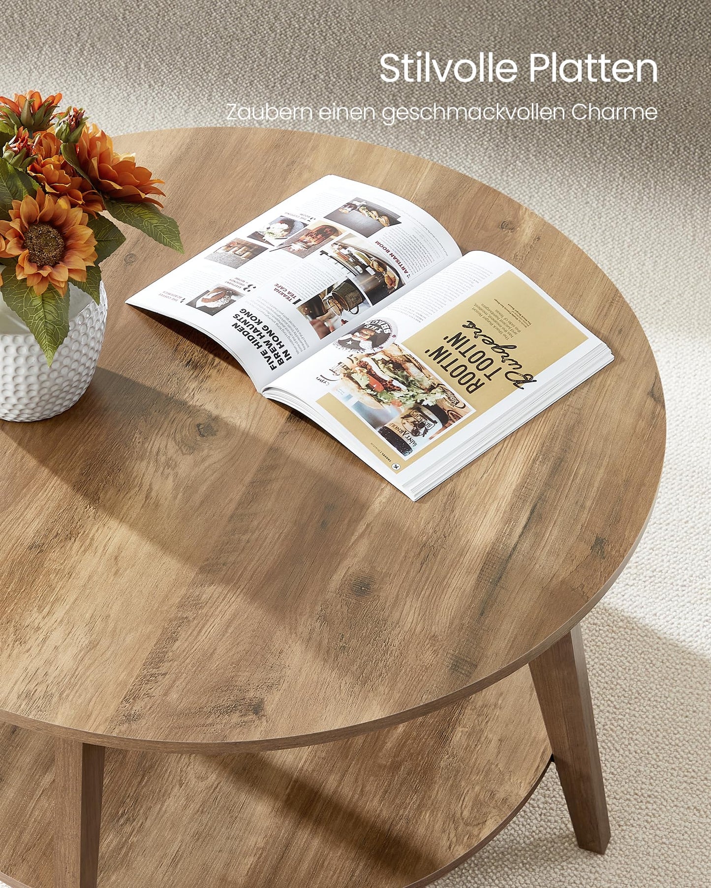 VASAGLE round coffee table, living room table with 2 levels, 80 cm diameter, 45 cm height, easy to assemble, honey brown LCT243K41