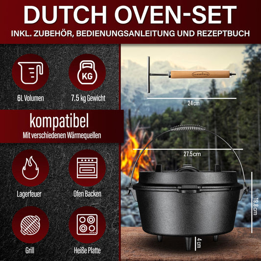 GUSSKÖNIG Dutch Oven Set - Seasoned 6 Liter Dutch Oven - Cast Iron Fire Pot with Feet - Dual Function Dutch Oven - including 2in1 Lid Lifter, Dutch Oven Recipe Book [for 2-4 people]