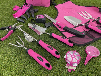SIXTOL Garden PINK 12 garden tool set | 12 PCS garden accessories made of stainless steel | Garden apron as a gift for women | For gardeners | Garden tools with storage bag | Flower scissors, garden claw