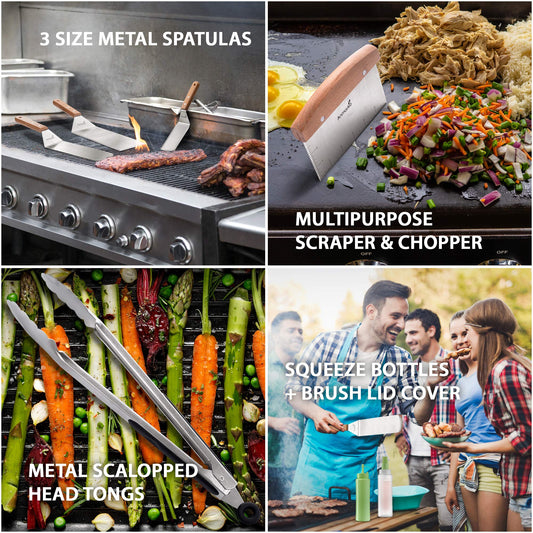 Stainless steel metal spatula set - grill scraper flat spatula pancake flipper hamburger turner - metal utensil perfect for BBQ grill flat top cast iron griddle - accessories