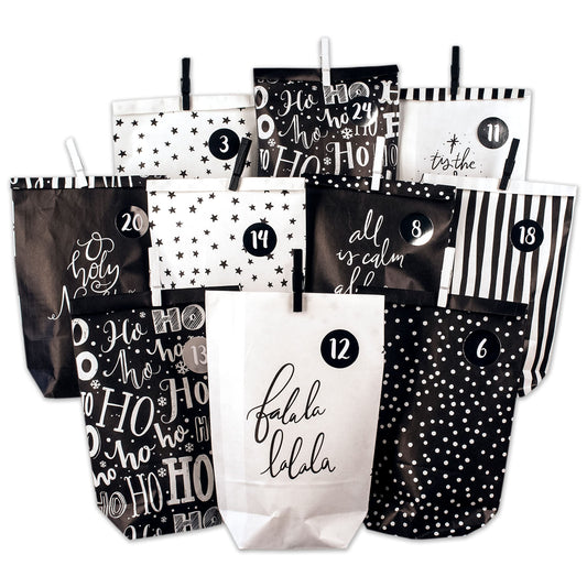 Paper Dragons Advent Calendar 2025 for filling - 24 black and white printed gift bags and 24 number stickers - Design Holy Night black & white - for crafting and gifting - Christmas