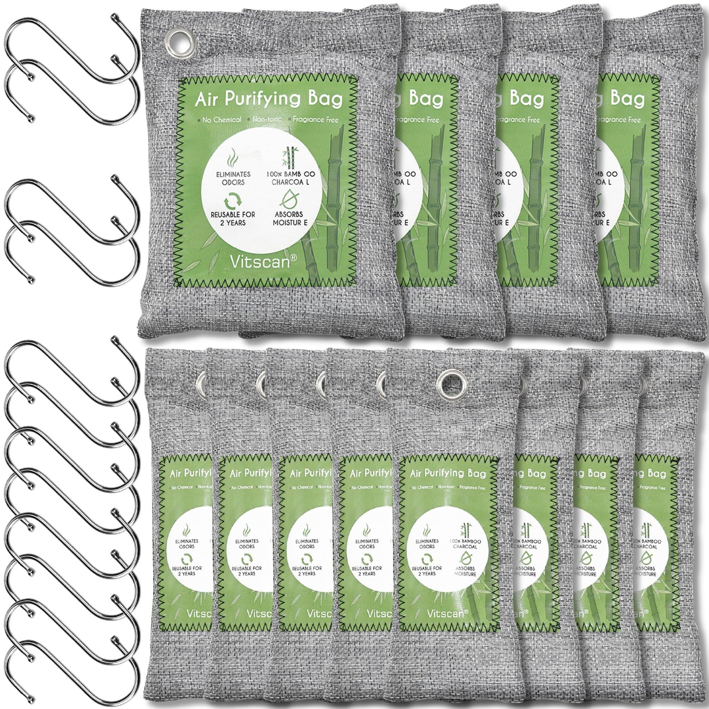 12-Pack Bamboo Charcoal Air Purifying Bag, Activated Charcoal Bags Odor Absorber, Moisture Absorber, Natural Car Air Freshener, Shoe Deodorizer, Odor Eliminators for Home, Pet