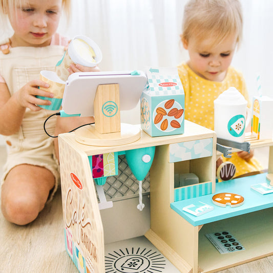 Melissa & Doug Coffee Shop, wooden coffee bar with 35 accessories for realistic role play, for children 3+. FSC certified.