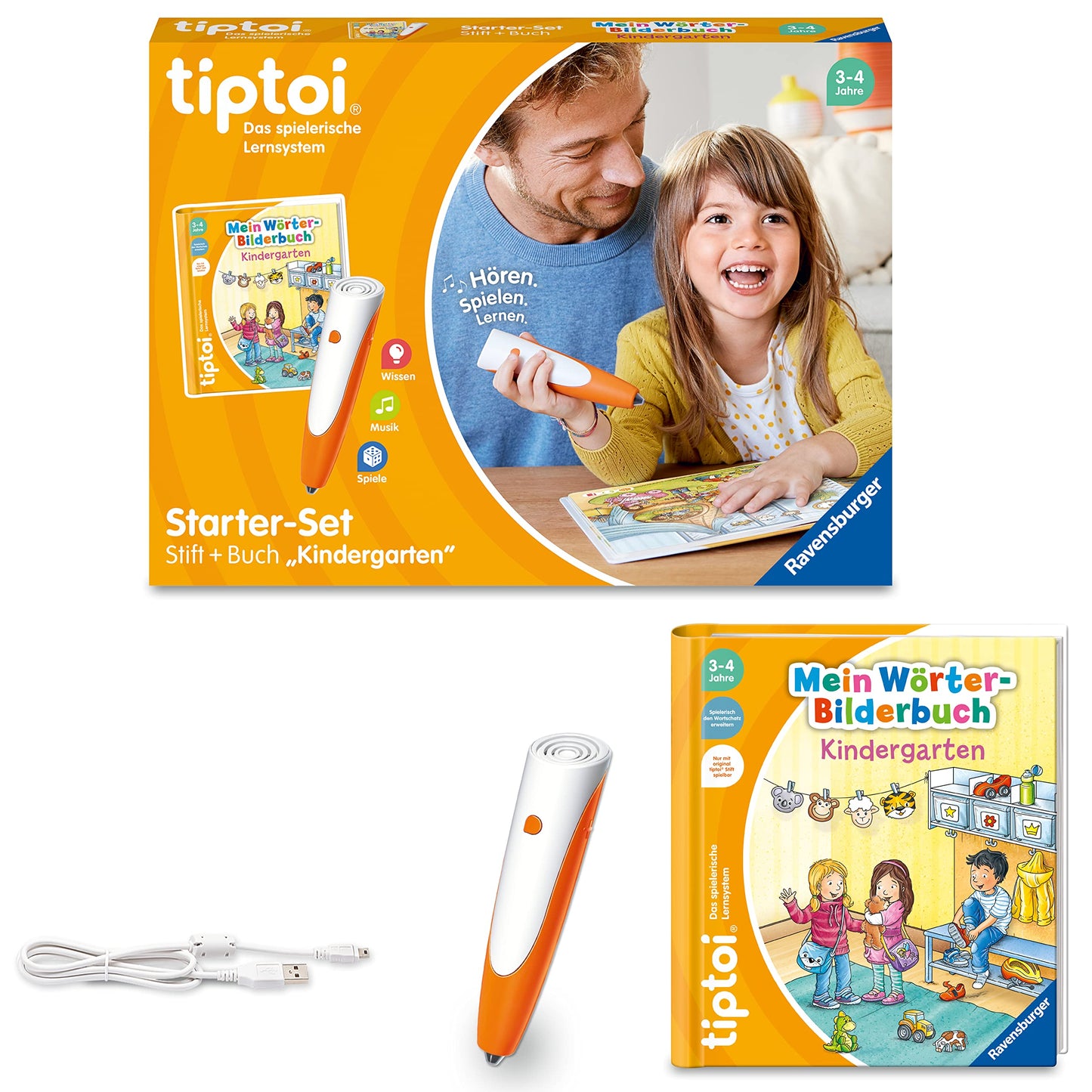 Ravensburger tiptoi Pen and Picture Word Book Kindergarten - Educational Toy for Children aged 3 years and above - Stylus with superior audio quality, battery, and soft-grip cover - Green, Orange, Silver - 00113