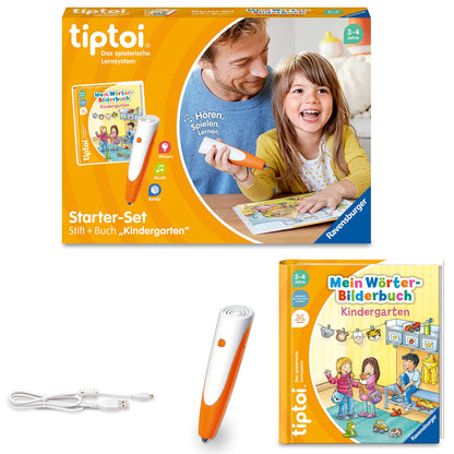 Ravensburger tiptoi Pen and Picture Word Book Kindergarten - Educational Toy for Children aged 3 years and above - Stylus with superior audio quality, battery, and soft-grip cover - Green, Orange, Silver - 00113