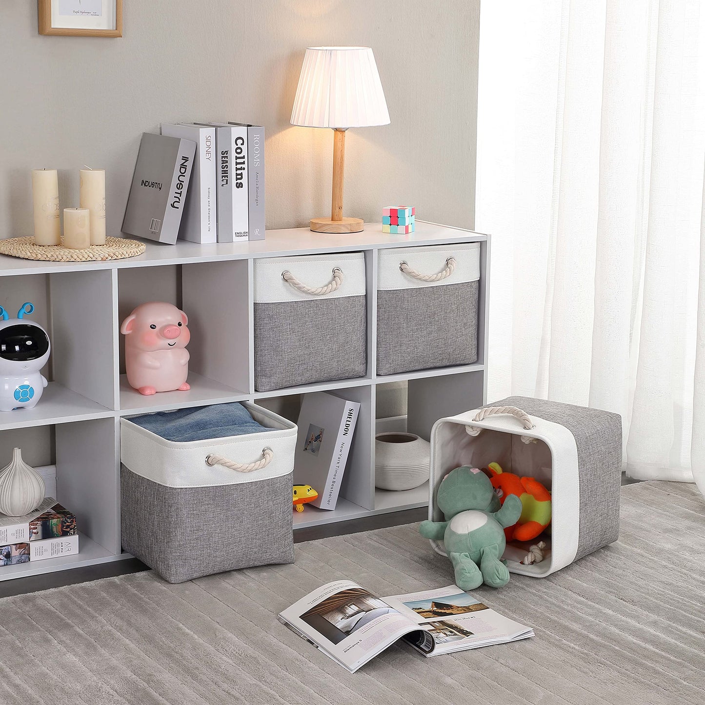 Mangata storage box fabric 30x30x30 cm, storage basket gray white, fabric baskets in cubes for wardrobe, shelf, and clothes, (Foldable, 4 pack)