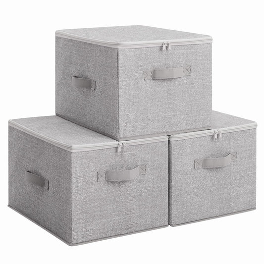 SONGMICS Storage Box with Lid, 3-Pack, Foldable Fabric Box with Handles, Storage for Clothes, 40 x 30 x 25 cm, Non-woven Fabric, Dove Grey RZB003W01