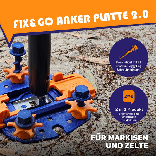 Peggy Peg - Fix&Go Anchor Plate 2.0 for securing support feet 2 pack incl. Peggy-ABC instructions - Ground anchoring for various awning feet & tent poles while camping - Ground holder double set
