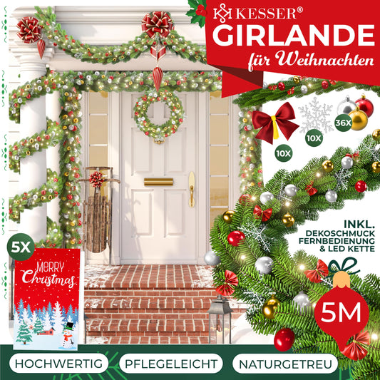 KESSER® Christmas garland 5m with lighting 100 LEDs - Timer - LED chain 8 light modes - Christmas lights - Christmas decoration In & Outdoor - Pine garland including remote control + decorative accessories