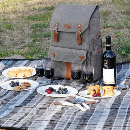 HappyPicnic insulated picnic backpack for 4 people with complete tableware set, spacious cooler compartment, bottle holders, and large waterproof picnic blanket.