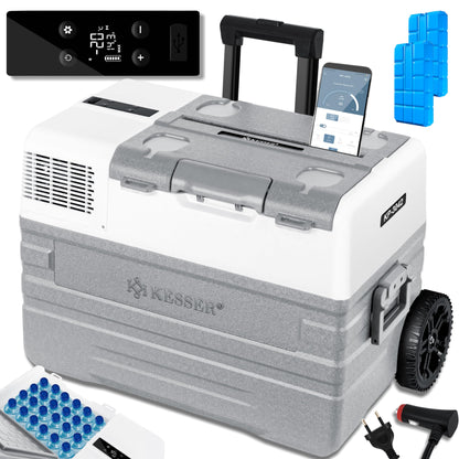 KESSER® compressor cooler box electric freezer box, 42 liters with app control USB port 12/24 V 230V, +telescopic handle, 2x cooler box wheels refrigerator cooling up to -20 °C for car, truck, boat + cooler pack