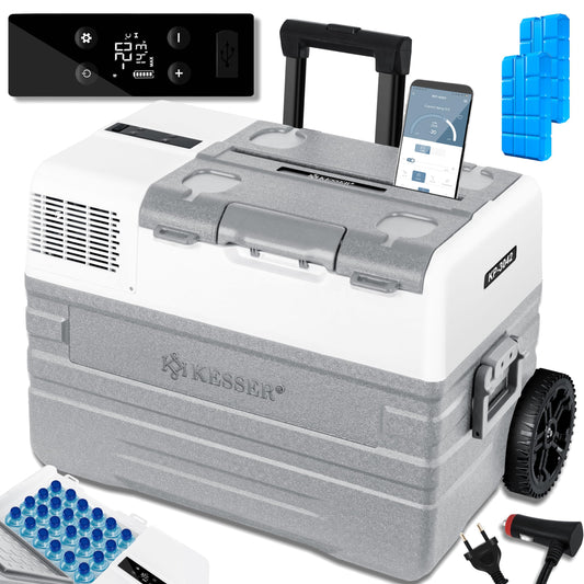 KESSER® compressor cooler box electric freezer box, 42 liters with app control USB port 12/24 V 230V, +telescopic handle, 2x cooler box wheels refrigerator cooling up to -20 °C for car, truck, boat + cooler pack