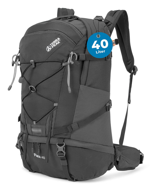Terra Peak hiking backpack 40 liters for women and men Flex 40 gray - daypack backpack waterproof - backpack for hiking & camping - with integrated hydration system holder and laptop compartment - unisex daypack