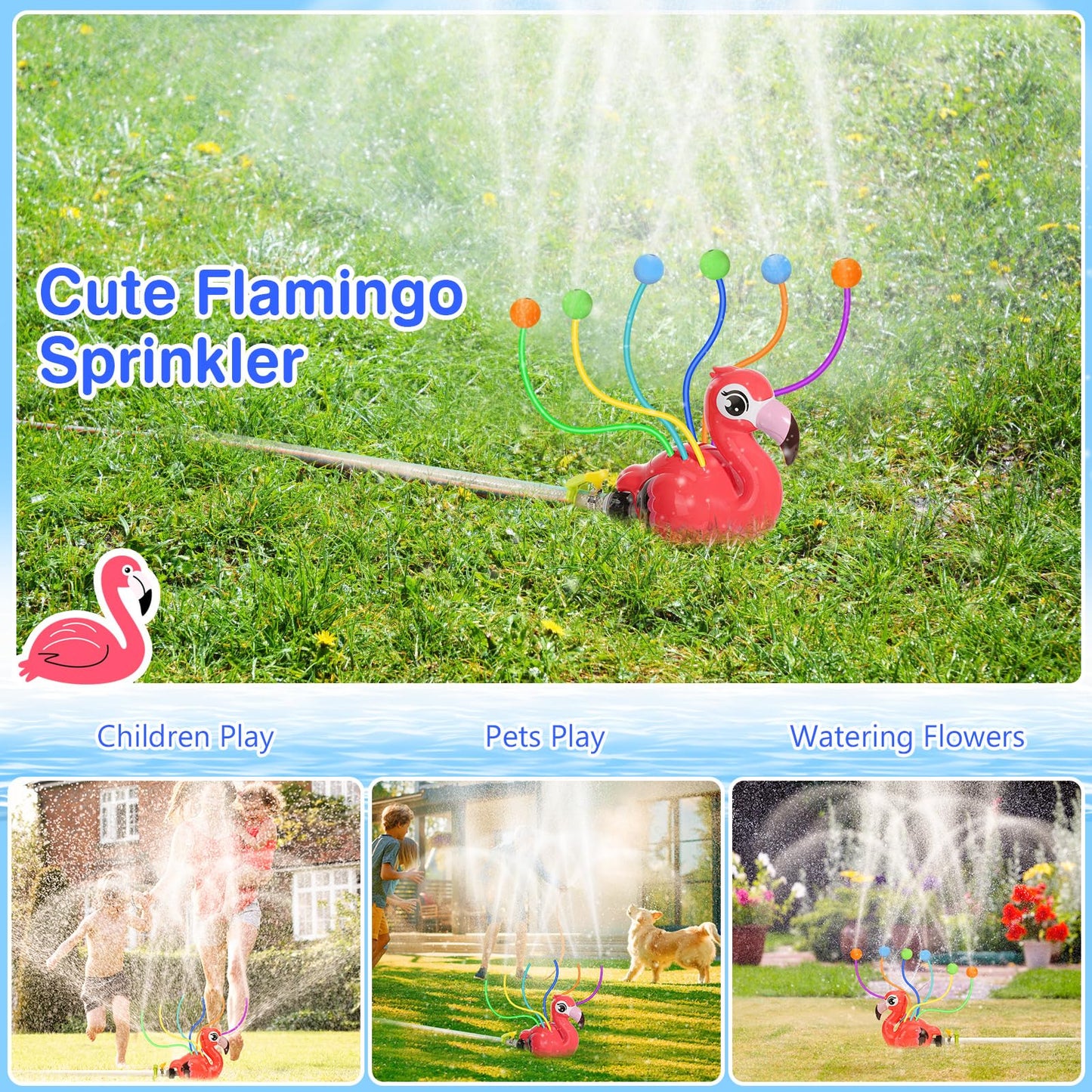 MoKo water sprinkler for kids, Flamingo outdoor water toy, pool toy with 6 hoses & 6 balls, summer fun water toy for garden, pool, pink flamingo.