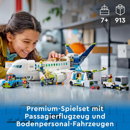 LEGO 60367 City Passenger Airplane Toy Set, large airplane model with airport ground vehicles: apron bus, pushback tug, catering loader, baggage cart, and 9 minifigures