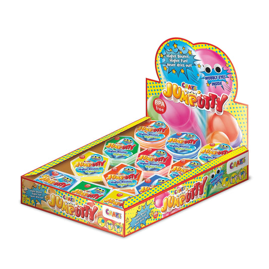 JUMPUTTY Bouncing children's clay Complete counter display with 24 cans, bouncy clay to go, 5 different colors
