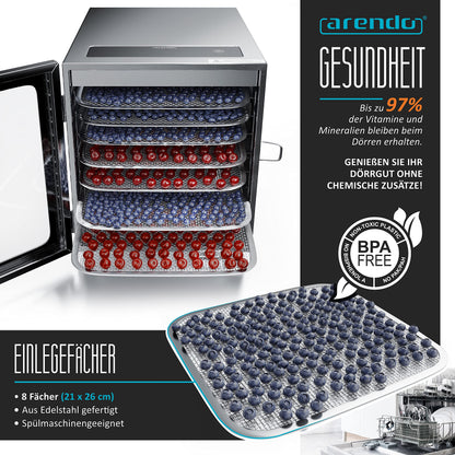 Arendo - Stainless steel food dehydrator 8 shelves - 500 watts with temperature control - Dehydrator for food, meat, fruits, vegetables, mushrooms - Timer up to 24 h - 8 trays - GS certified - Dehydrator