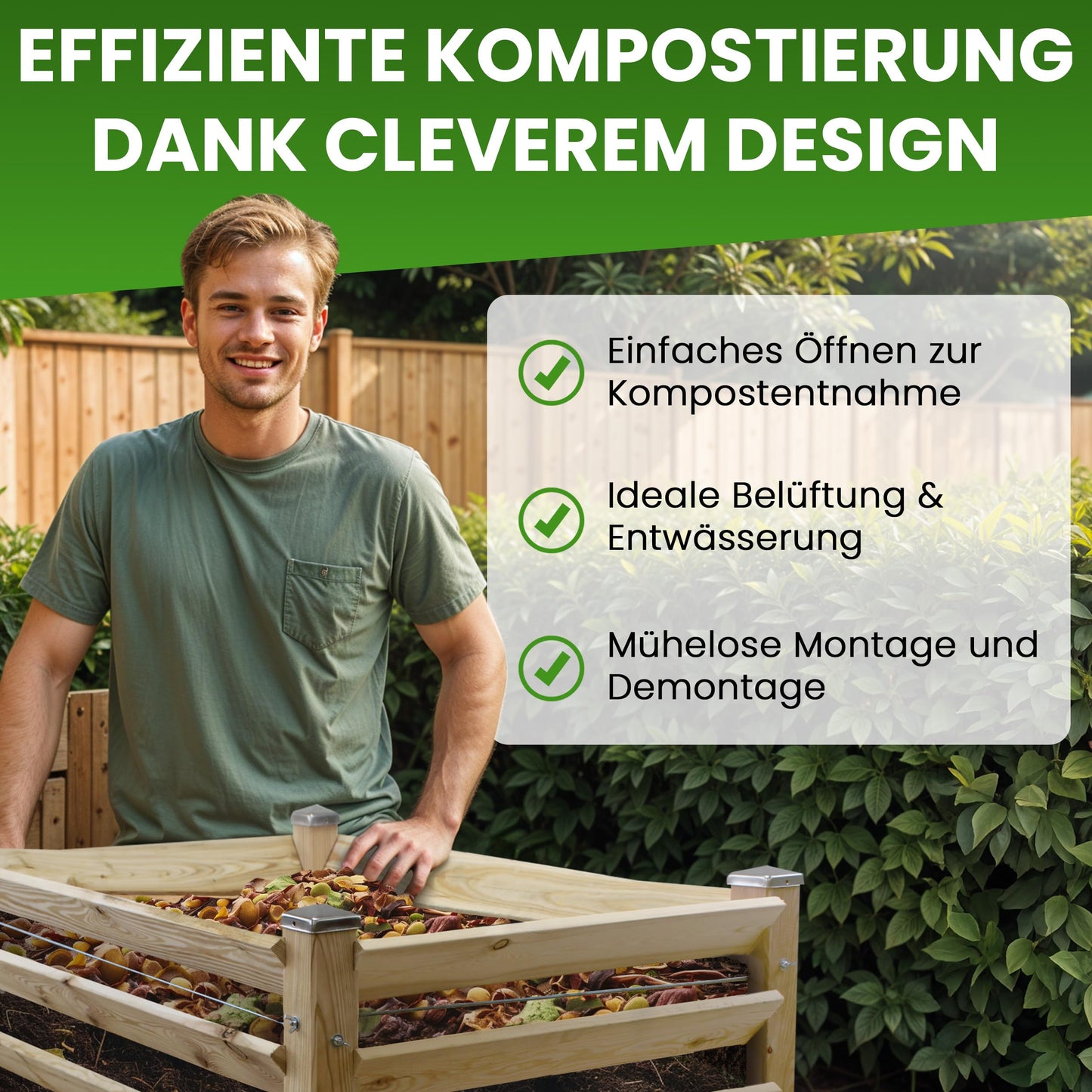 Modern compost bin made of solid larch wood, dimensions approximately 80x80 cm with a height of 80 cm. Easy-to-assemble composting system.