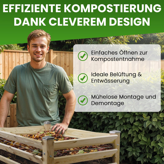 Modern compost bin made of solid larch wood, dimensions approximately 80x80 cm with a height of 80 cm. Easy-to-assemble composting system.