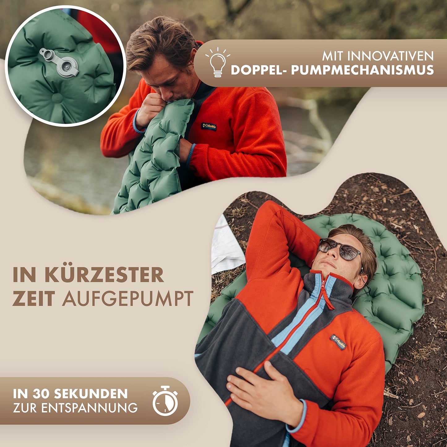 NATURBUMMLER® Ultralight Sleeping Pad [Cloud Nap+] Inflatable Air Mattress for Camping (195x56cm) – weatherproof & foldable – for Trekking Hiking Festival Travel (Nature Green)