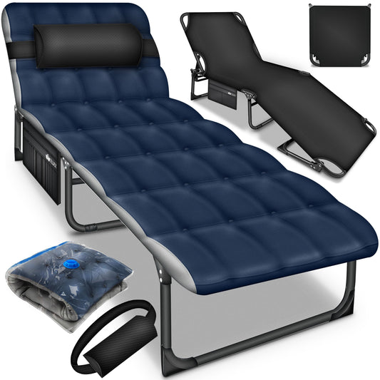 tillvex® Folding camping bed with neck pillow & side pocket up to 280 kg | Camping lounger sun lounger with padding | Field bed outdoor & indoor | Folding bed guest bed foldable garden camping festival travel