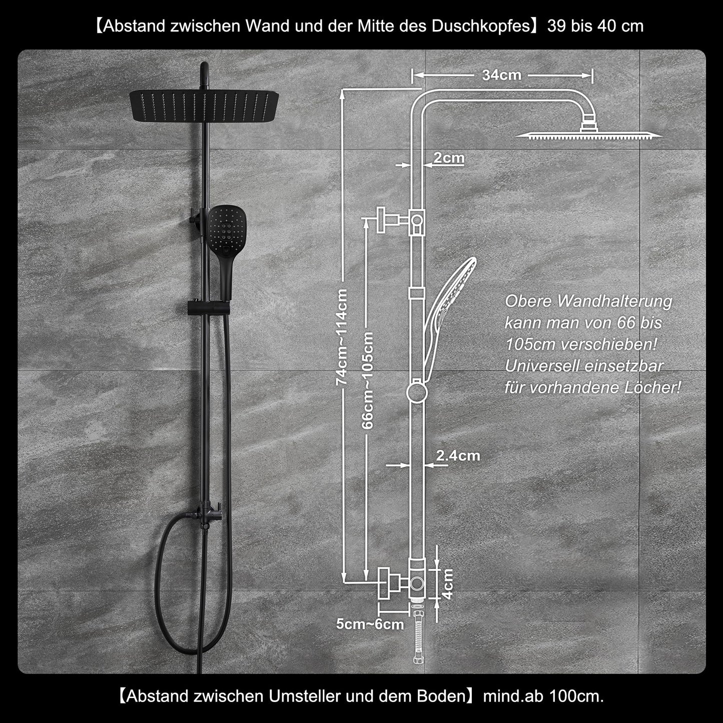 JOHO Rain Shower Shower System without Fittings, Stainless Steel Shower Set with 20x20cm Black Shower Head