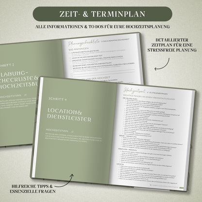 Wedding planner in German A4 | 180° lay-flat design | 160 pages with schedule, checklists, tips, and calendar | Perfect engagement gift for couples.