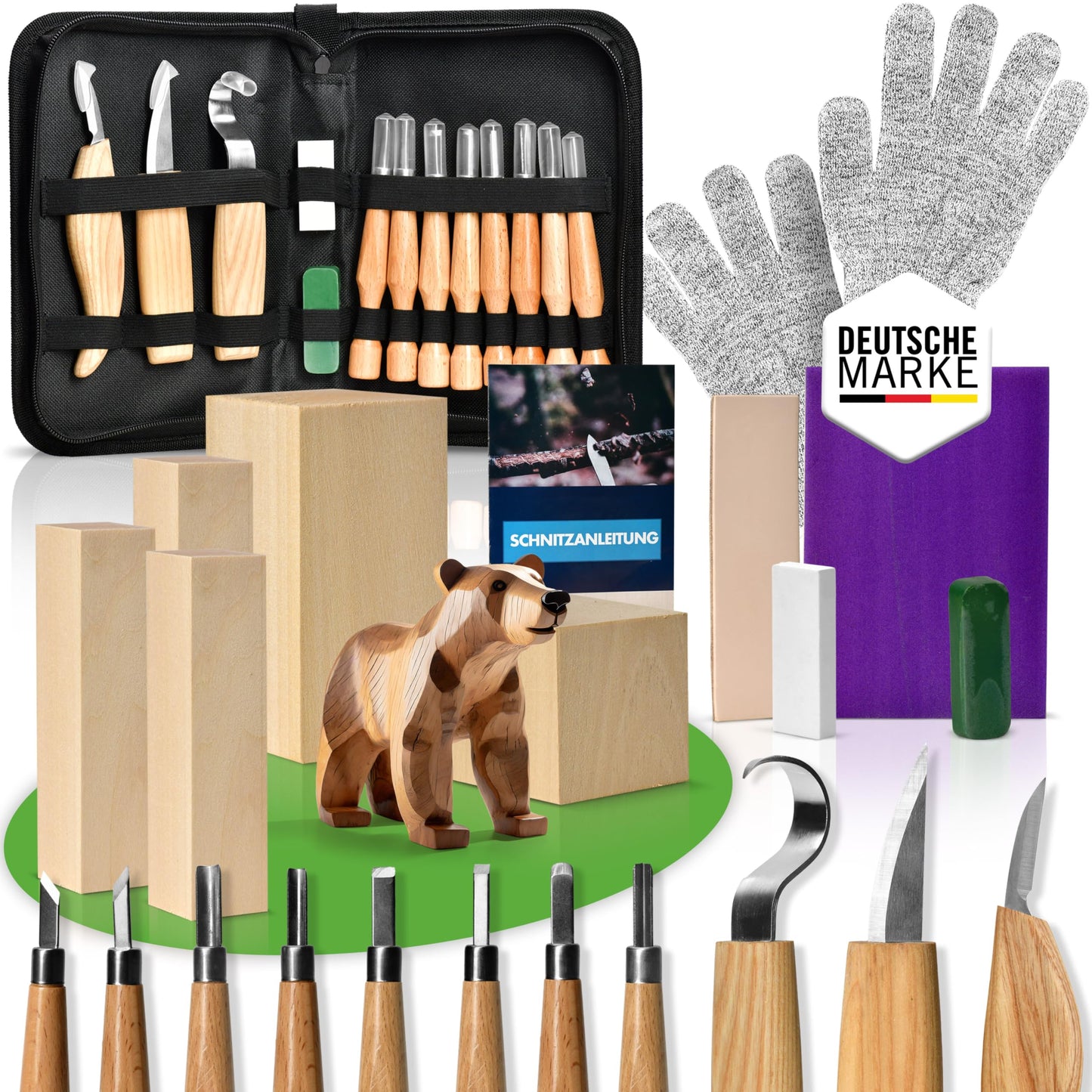 PUREWERK® Wood carving set for adults - 22-piece carving tool set with 11 carving knives, 5 wood blocks, sharpening kit, gloves & carving guide for beginners.