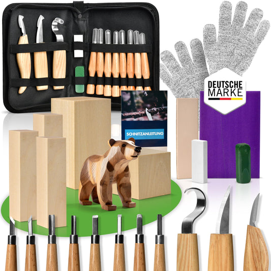 PUREWERK® Wood carving set for adults - 22-piece carving tool set with 11 carving knives, 5 wood blocks, sharpening kit, gloves & carving guide for beginners.